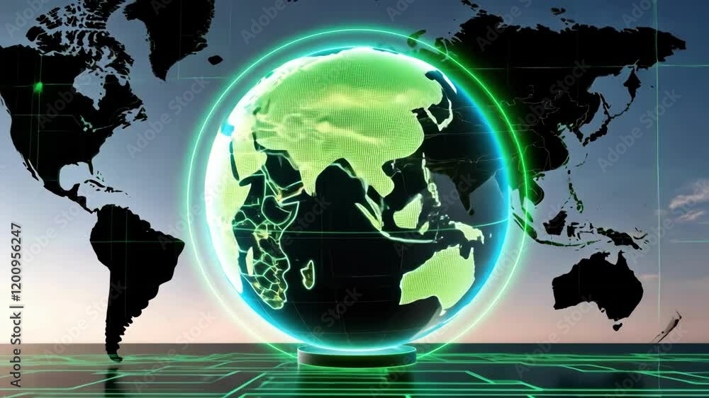 Poster globe visualization shows continents with technology overlay, highlighting global connections and da
