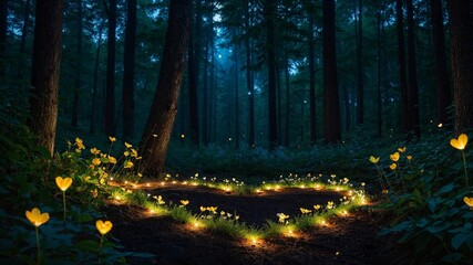 A moonlit forest with glowing fireflies and a heart made of illuminated flowers on the ground.