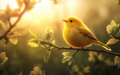 Obraz premium A bright yellow bird resting on a branch, surrounded by soft spring foliage and soft light filtering through leaves