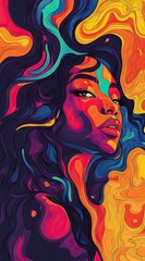 Beautiful African American woman with curly hair, vector art, white background, poster design