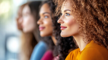 Obraz premium Side profile of a group of women of diverse ethnicities with cheerful expressions, wearing colorful outfits and bathed in natural light in a modern setting.