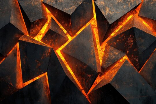 Bold, angular patterns carved into a glowing metallic surface with striking contrast