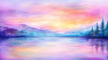 Fototapeta premium pastel evening sky over calm river reflects soft colors and serene mountains, creating tranquil atmosphere