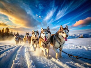 Naklejka premium Alaskan Husky Sled Dog Team Running in Snow, Winter Sport, Long Exposure Photography