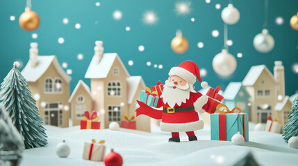 Christmas paper cut greeting card with Santa in winter town. Vector xmas poster, cover or greeting card template with 3d layered effect. Vertical red blank banner with funny Father Noel carry presents