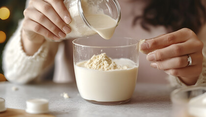 Woman with powdered infant formula at table, closeup. Preparing baby milk