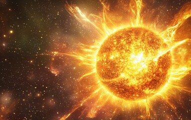 A close-up of the Sun with massive solar flares and plasma arcs shooting out into space, creating glowing waves