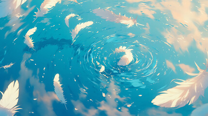 Serene water scene with floating feathers creating ripples under a soft blue sky, evoking tranquility