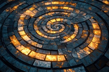 Fototapeta premium Circular mosaics of geometric tiles, glowing softly with radiant and intricate patterns