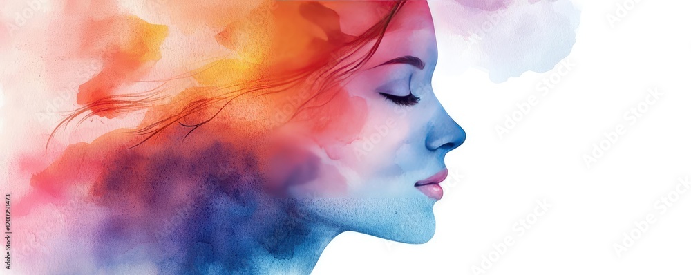 Poster Minimalist watercolor idea. A vibrant abstract representation of a woman's profile with colorful thoughts and emotions.
