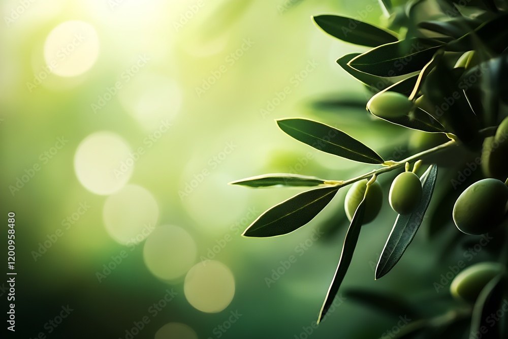 Poster lush olive tree branches amidst vibrant greenery with dreamy bokeh background : generative ai