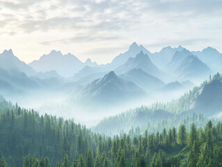 Naklejka premium Tranquil Misty Mountain Landscape with Dense Green Forests