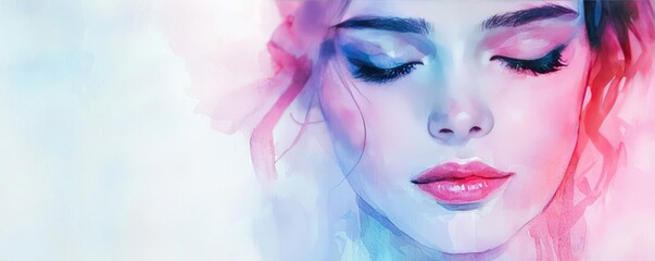 Naklejka premium Minimalist watercolor idea. A serene portrait of a woman with a watercolor effect, capturing beauty and tranquility.