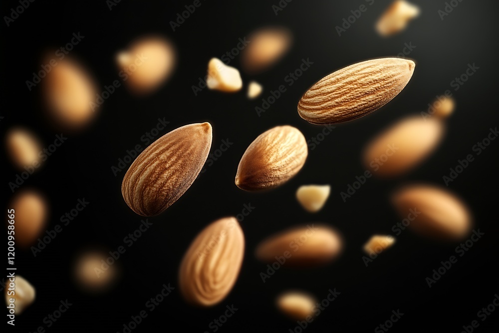 Poster Almonds in Midair with Dark Atmosphere Emphasizing Texture and Nutty Details : Generative AI