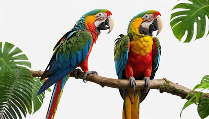 Vibrant macaw perching on branch in rainforest generative AI blending nature with creative technology On white background PNG
