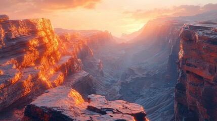 Obraz premium A rugged canyon landscape with layered rock formations glowing in the warm light