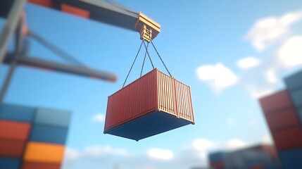 Shipping Container Suspended by Crane Against Blue Sky Background : Generative AI