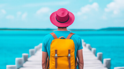 Fototapeta premium A person seen from the back wearing a bright pink hat and a yellow backpack while standing on a wooden pier by a vibrant blue sea.