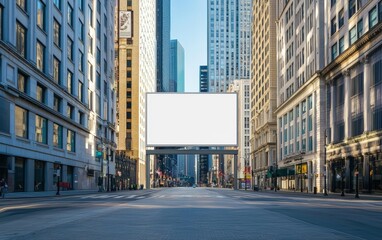 A billboard mockup in the middle of a city&acirc;???s financial district, with a blank space for text, surrounded by tall buildings and offices