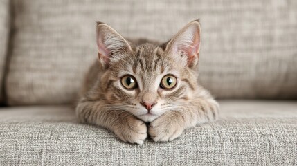 Curious Cat with Bright Eyes Lounging Comfortably, Cute Persian cat on the sofa bed concept.
