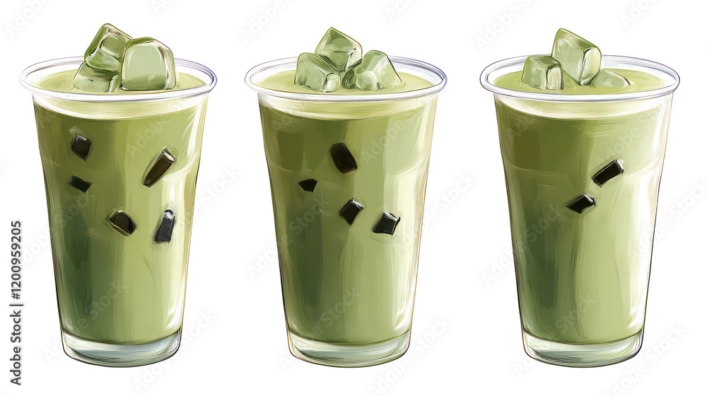 Poster iced matcha lattes in clear cups on a clean backdrop generative ai