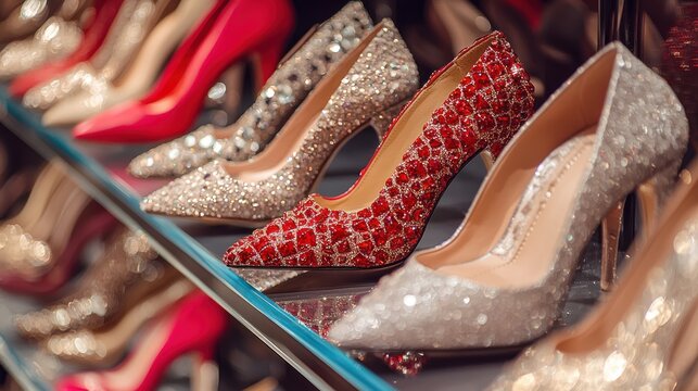 A dazzling display of sparkling high heels, showcased in a luxurious boutique.  Red and silver glitter shoes catch the light, embodying elegance and glamour.