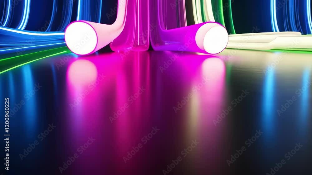 Poster neon lights in vibrant colors create dynamic reflections on a smooth surface, forming an abstract ar