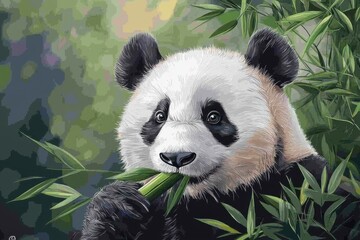 Fototapeta premium A captivating close-up of a panda munching on bamboo, showcasing its playful nature and the lush greenery of its habitat.