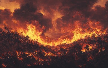 Naklejka premium A fiery inferno consuming a hillside forest, with thick clouds of smoke billowing upward