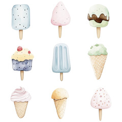 simple watercolor illustration of A Ice cream set 9 image. 