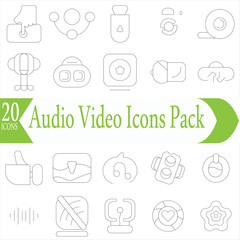  Audio Video Icons Pack. Thin line icons set. Flat icon collection set. Simple outline icons.