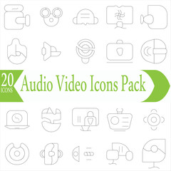  Audio Video Icons Pack. Thin line icons set. Flat icon collection set. Simple outline icons.