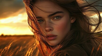 Fototapeta premium Beautiful girl with long hair blowing in the wind, sunlight and cloudy sky