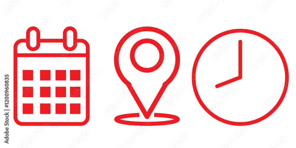 Poster location, time, date and notification icon vector. address location pointer calendar and alarm bell 