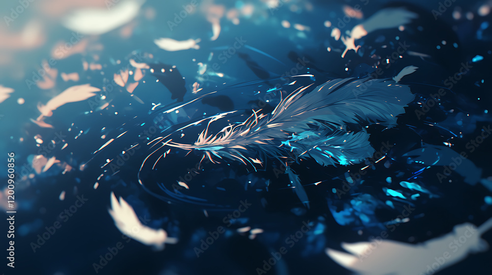 Poster ethereal blue background with floating feathers and shimmering light, creating a serene atmosphere