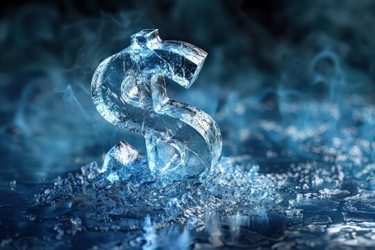 A melting ice sculpture of a dollar sign representing the diminishing value of money.