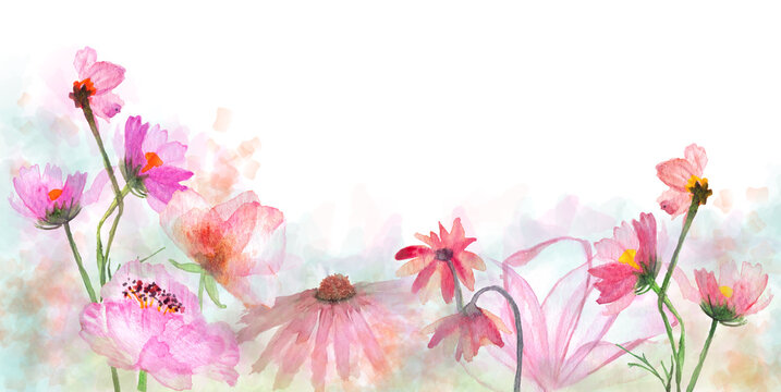 Banner con fiori delicati ad acquerello e sfondo sfumato