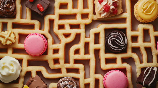 Labyrinth maze. Cartoon sweets, dessert and cake characters. Kids find way riddle, children maze puzzle vector worksheet with cheerful waffle, maracon and chocolate candy, cheesecake, pudding, cookie