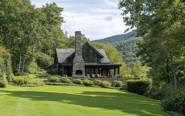 Fototapeta premium A charming mountain house with a stone chimney, perched on a green hillside with majestic mountain views