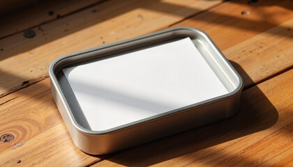 Minimalist Metal Container with Blank Paper in Natural Light Setting with Copy Space