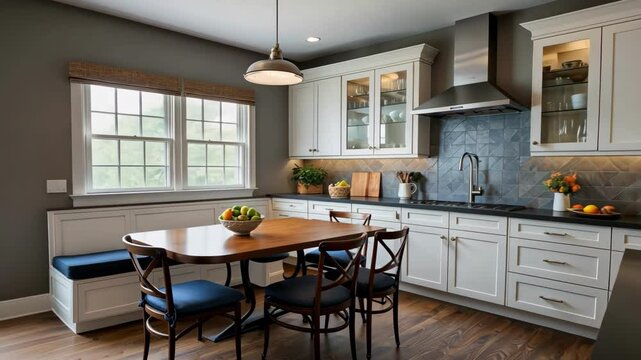 Modern kitchen with bright windows, wooden table, and fruits creating an inviting and organized atmosphere