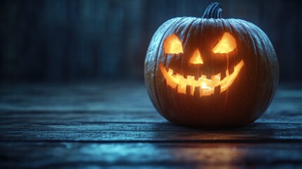 Glowing Jack-o'-Lantern on Rustic Wooden Surface at Night