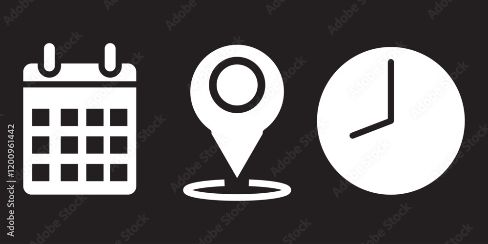 Poster location, time, date and notification icon vector. address location pointer calendar and alarm bell 