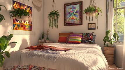 Bright boho bedroom with eclectic art and hanging planters