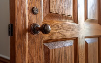 Fototapeta premium A classic wooden panel interior door with natural wood texture, photographed from a close angle