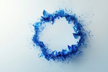 A futuristic composition of abstract blue particles and geometric fragments aligned in a circular formation on a clean background.