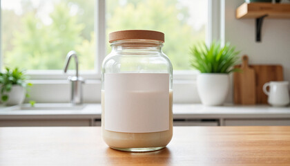 Rustic Glass Jar with Fresh Dairy Product in Natural Kitchen Light