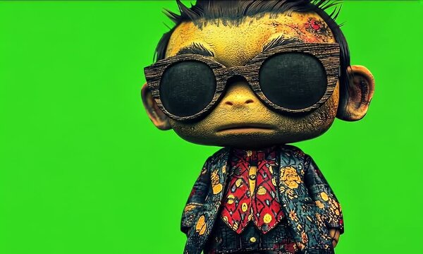 Stylish monkey character, green screen,  suit, sunglasses, digital art