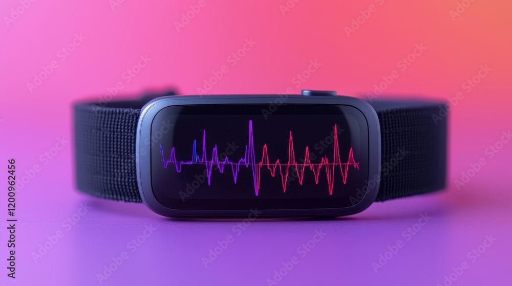 Poster smartwatch displaying heart rate monitor on vibrant gradient background