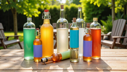 Artisanal Collection of Glass Bottles in Rustic Outdoor Setting